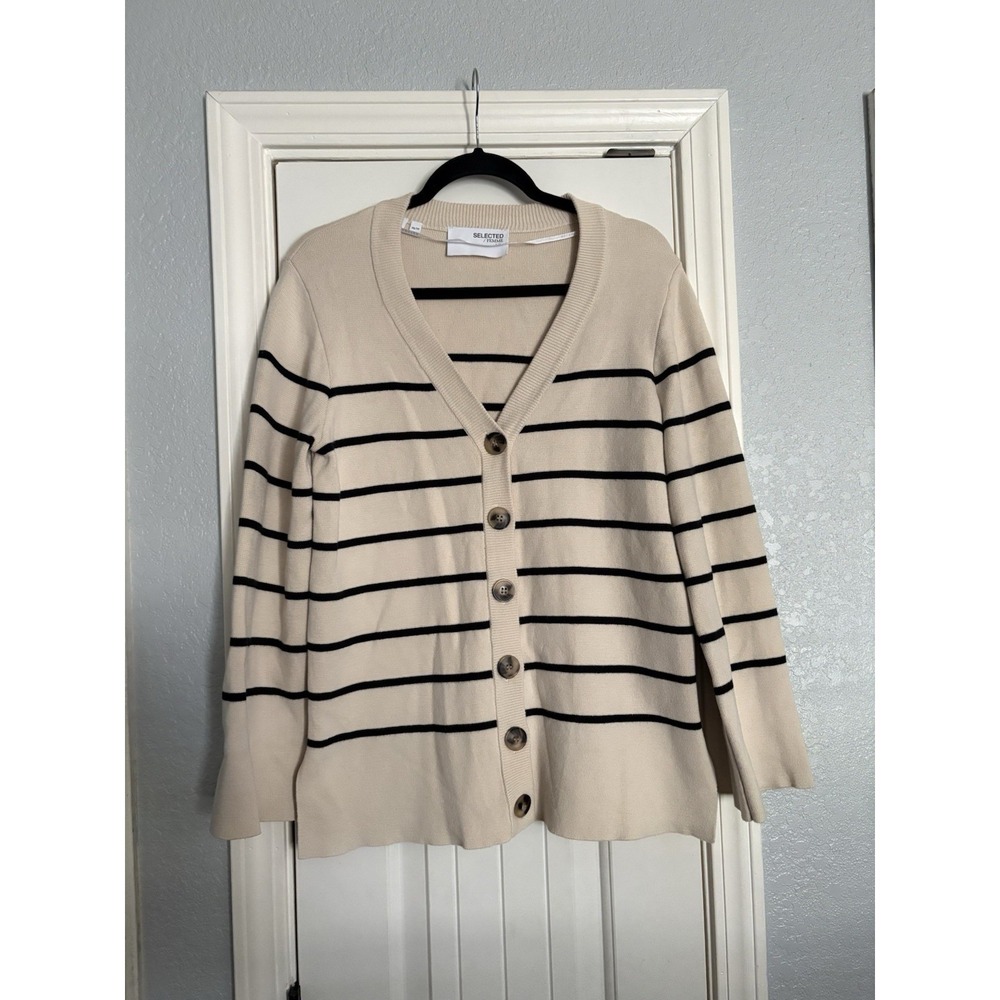 Selected Femme Striped Cardigan XS Beige Black Button‎ Front Organic Cotton